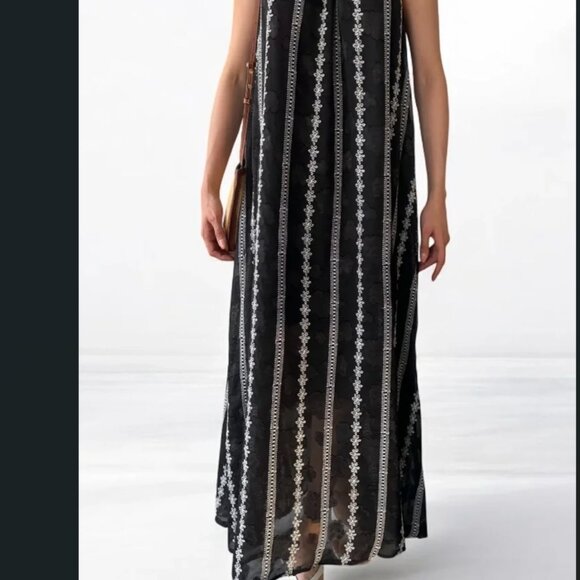Embroidered Detailed Strapped Loose Chiffon Maxi Dress - Black S, M, L, XL - Picture 3 of 5